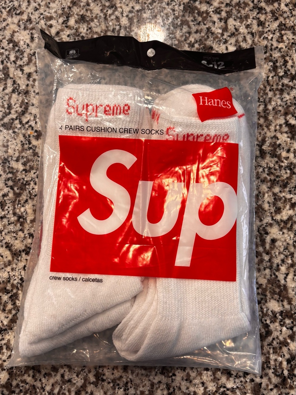 Supreme x Hanes White Crew Socks 4-Pack with Red Logo